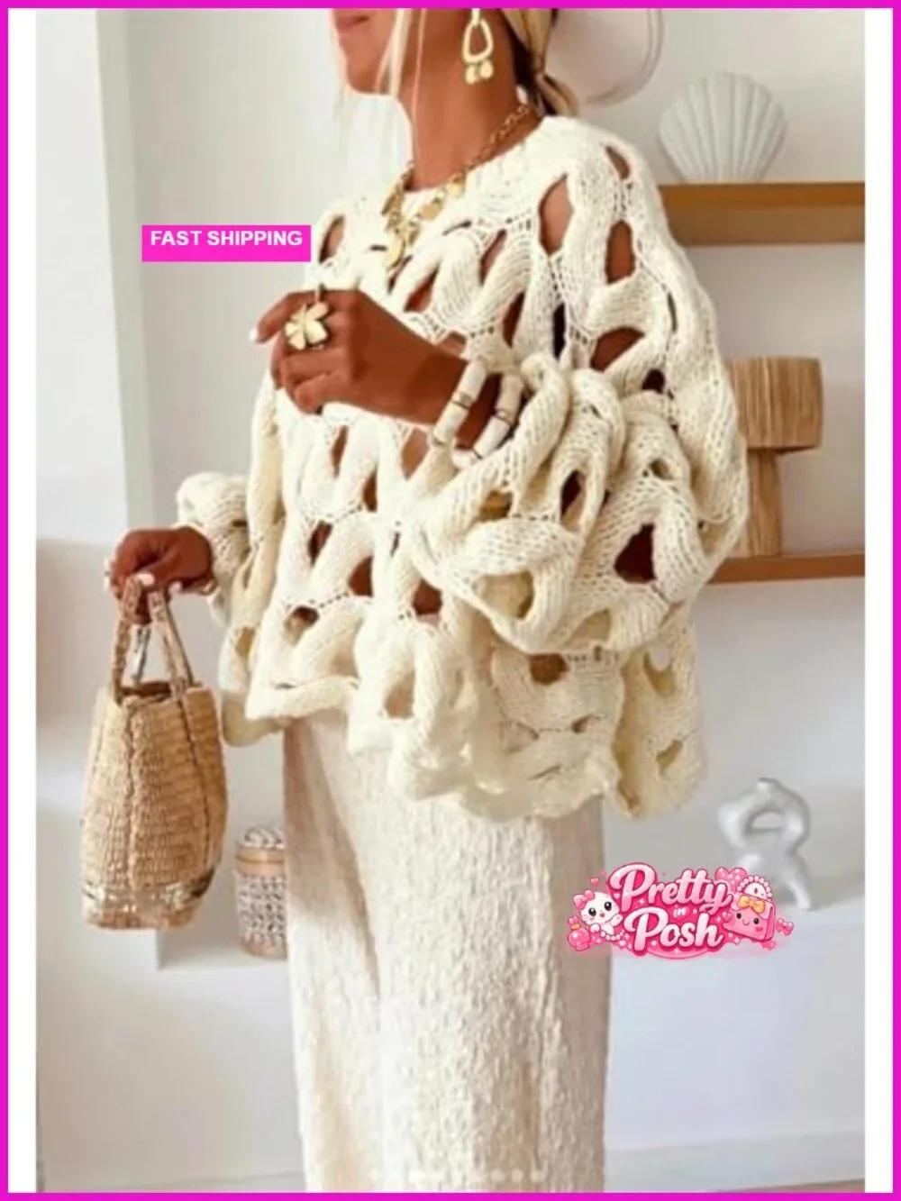 Crochet Hollow Out Sweater Long Sleeve Crewneck Mesh Knit Pullover Top Beach